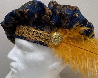New Renaissance Medieval Tudor Elizabethan Cosplay Blue and Gold Brocade Floppy Poet cap costume Hat of Knowledge with Gold Feather