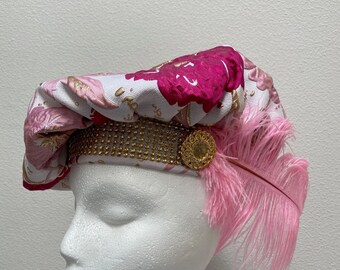 New adult women's Renaissance Medieval Tudor Elizabethan colonial Cosplay pink brocade poet floppy muffin hat cap costume Cosplay