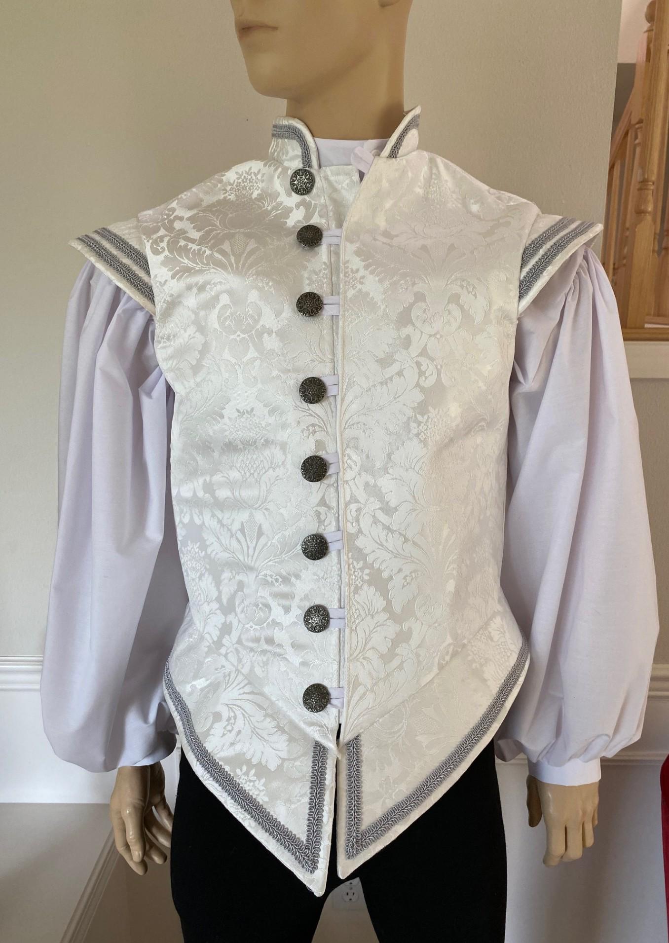 New Men's Renaissance Medieval Tudor Elizabethan white brocade royal jerkin doublet vest jacket costume Cosplay