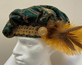 Renaissance-Kostüm für Erwachsene, Mittelalter, Tudor, Elisabethanisch, grün-goldener Brokat, Muffin-Stil, lockerer Poetenhut, Cosplay