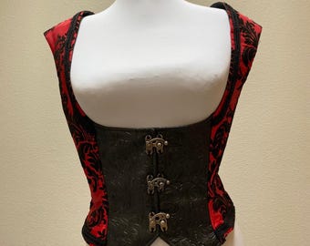 Novo colete feminino adulto em brocado vermelho e preto, estilo renascentista, medieval, elisabetano, revolucionário, pirata, colonial, para cosplay.