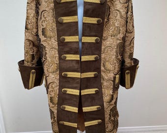 New adult Renaissance Medieval Elizabethan Revolutionary Victorian colonial brown brocade buccaneer pirate coat costume Cosplay