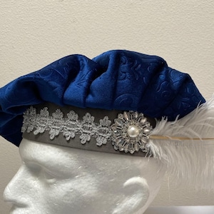 New adult Renaissance Medieval Tudor Elizabethan Cosplay blue velvet brocade muffin floppy poet hat costume Cosplay