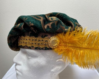 New Renaissance Elizabethan Green and Gold Brocade Hat Noble Poet muffin Floppy Hat Costume size large