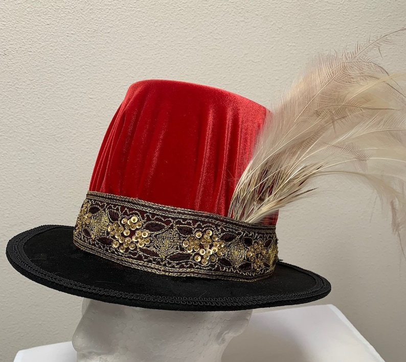 New adult men/'s Renaissance Medieval Tudor Elizabethan deep red velvet royal tall hat top hat cap costume size L-X large