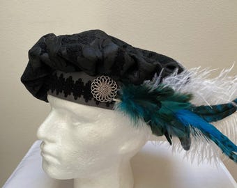 A new adult Renaissance Medieval Tudor Victorian black brocade poet muffin floppy hat cap costume Cosplay