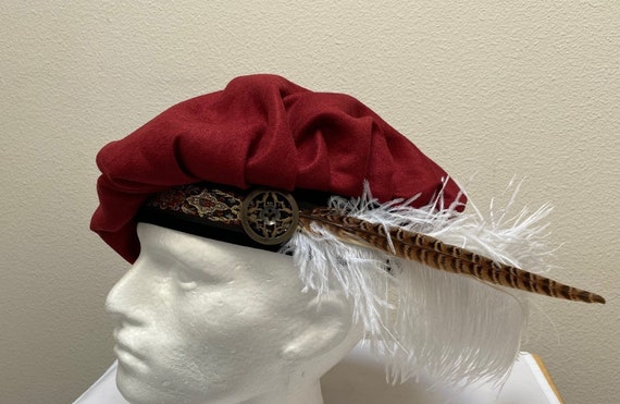 New adult Renaissance Medieval Tudor Elizabethan burgundy suede muffin  floppy poet hat costume cosplay