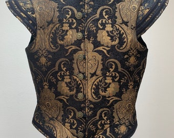 Men&#39;s Renaissance Medieval Elizabethan Victorian Revolutionary Black and Gold Pirate Buccaneer Colonial Jerkin Vest costume doublet Cosplay
