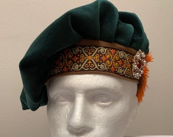 Novo traje renascentista medieval elizabetano escocês irlandês celta verde camurça cosplay poeta pirata muffin colonial chapéu flexível cosplay