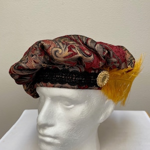 New adult Renaissance Medieval Tudor Elizabethan Victorian burgundy and gold brocade muffin poet floppy hat costume Cosplay