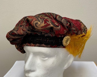 New adult Renaissance Medieval Tudor Elizabethan Victorian burgundy and gold brocade muffin poet floppy hat costume Cosplay