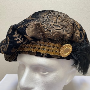 New Renaissance Medieval Tudor Elizabethan Revolutionary Black and Gold Brocade Muffin Poet Floppy Hat cap costume Cosplay