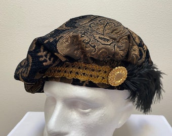 New Renaissance Medieval Tudor Elizabethan Revolutionary Black and Gold Brocade Muffin Poet Floppy Hat cap costume Cosplay