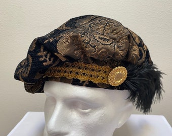 New Renaissance Medieval Tudor Elizabethan Revolutionary Black and Gold Brocade Muffin Poet Floppy Hat