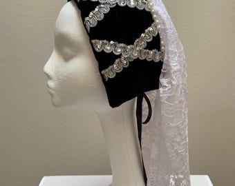 Adult women's Renaissance Medieval Tudor Elizabethan black velvet hat cap bonnet costume Cosplay
