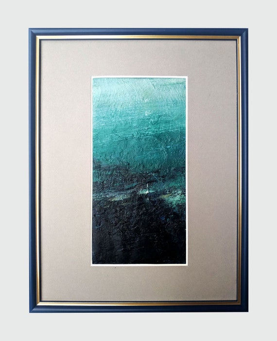 Original Abstract Oil Painting. Dark landscape with green tinted tourquise by Karolina Bożena Urbańska