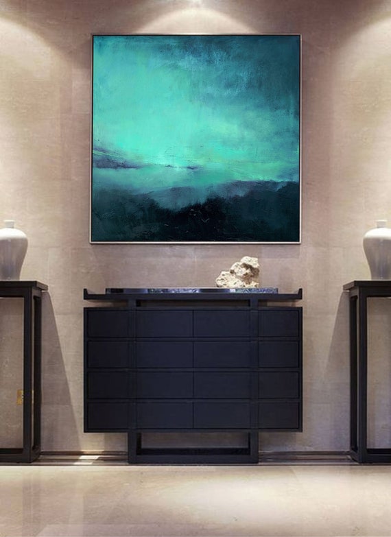 Original Abstract Oil Painting landscape on canvas 100x100 cm "Study in turquoise" large canvas