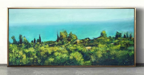 Θαλασσογραφία oil on canvas with tourquiose 65x130 greek seascape by Karolina Bożena Urbańska