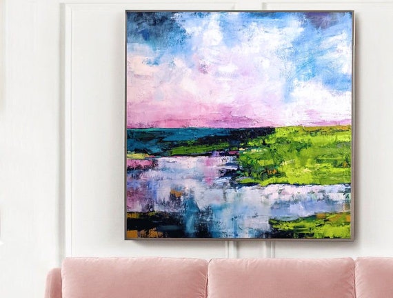 Original Abstract Oil Painting - 100x100 cm painting pink & green big canvas