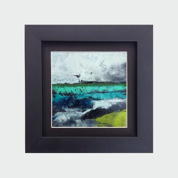 Original Abstract Oil Painting - 10x10 painting (10x10 cm -  4x4 inch) with 13x13 cm black wooden frame