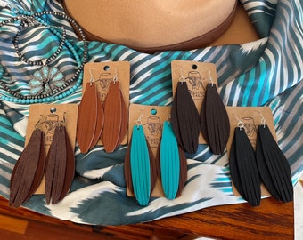 Western Fringe Leather Teardrop Earring, Brown, Black, Copper, Burgandy, Turquoise