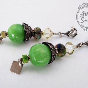 Grüne Jadeit Jade Ohrringe, Jaspis Ohrringe, Oxidiertes 925 Sterling Silber, Klare Swarovski, Hippie Ohrringe, Boho Schmuck, Geschenk für Sie
