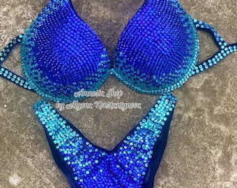 IFBB Competition Bikini - Blue Crystallized Bikini Suit - Custom Crystal Bikini - Practice Posing Suit - Figure Bikini - Posing Bikini