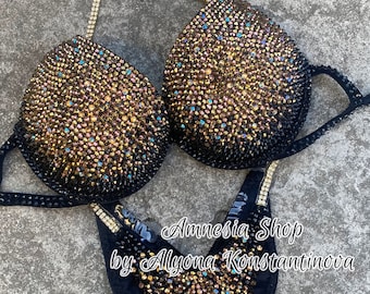 Competition Bikini "Black gold" - Rhinestone Fitness - IFBB - WBFF - Figure Competition Suit - SW Rhinestones Bodybuilding - Npc