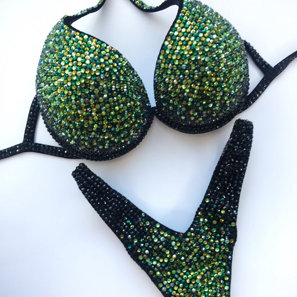 Green Competition Bikini Set - Rhinestone Fitness - IFBB - WBFF - Figure Competition Suit - Posing Suit - Sw Rhinestones Bodybuilding