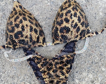 Leopard Competition Bikini - Rhinestone Fitness - Bikini Suit - IFBB - Figure Competition Suit - Posing Suit - Sw Bodybuilding