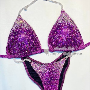 Purple Competition Bikini Set - Rhinestone Fitness - NPC - IFBB - WBFF - Figure Competition Suit - Posing Suit - Sw Bodybuilding