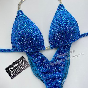 Blue Finess Bikini - Competition Bikini Set - Figure Fitness - NPC - Velvet Figure Competition Suit - Posing Suit