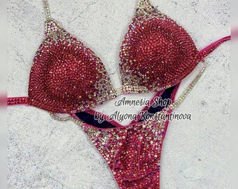 Pink Competition Bikini Set - Rhinestone Fitness - NPC bikini suit - IFBB - WBFF - Figure Competition Suit - Posing Suit - Sw Bodybuilding