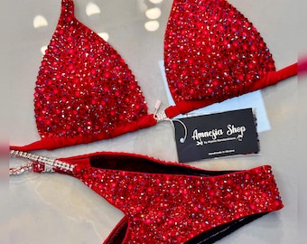 Neon Red Competition Set - Rhinestone Fitness - NPC - IFBB - WBFF - Figure Competition Suit - Posing Suit - Sw Bodybuilding - Fitness Bikini