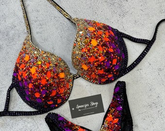 Competitie Bikini Set - Neon Strass Fitness - NPC - IFBB - WBFF - Poseerpak - Figuur Bikini Set - Wellness Bikini - Fitness Bikini