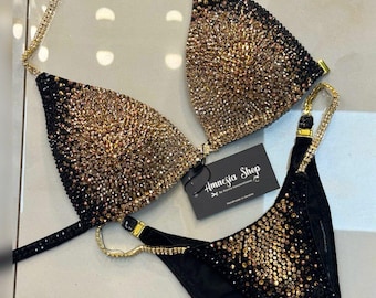 Traje de baño de competición en oro negro, conjunto de competición, bikini de figura, bikini de competición de poses, bikini de competición de bienestar, NPC, IFBB, WBFF