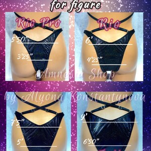 May include: Four different styles of black, sparkly, high-cut underwear with measurements in inches. The styles are labeled "Rio Pro", "Rio", "Moderate", and "Full".