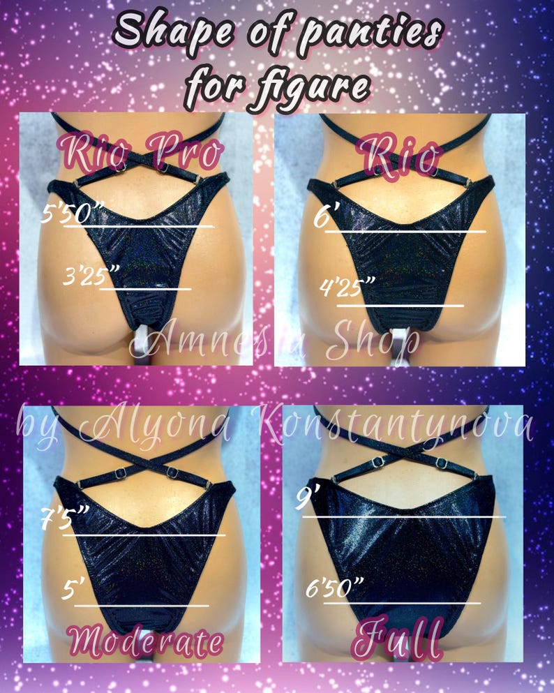 May include: Four different styles of black, sparkly, high-cut underwear with measurements in inches. The styles are labeled "Rio Pro", "Rio", "Moderate", and "Full".