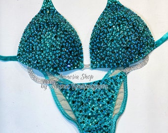 Competition Set - Rhinestone Fitness - NPC - IFBB - WBFF - Figure Competition Suit - Posing Suit - Sw Bodybuilding - Turquoise bikini