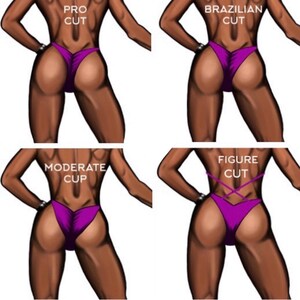 Op de afbeelding: Vier verschillende stijlen van wedstrijd-bikini-onderdelen worden getoond. De stijlen zijn gelabeld "Pro Cut", "Brazilian Cut", "Moderate Cup" en "Figure Cut".