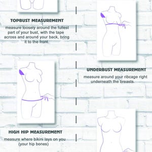 May include: Diagram showing how to measure for a bikini top, high hip, low hip, and front rise. The diagram includes a woman's body with a measuring tape around different parts of the body. The text includes the words "Amnesia Shop" and "Write me! Your Bra Size Your Height".