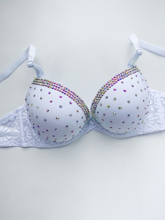 Sexy Bra, Bra Rhinestones, White Bra, Rave Bra, Party Bra, Sexy