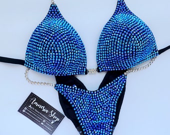 Blue Competition Bikini Set - Rhinestone Fitness - NPC - IFBB - WBFF - Figure Competition Suit - Posing Suit - Sw Bikini Suit