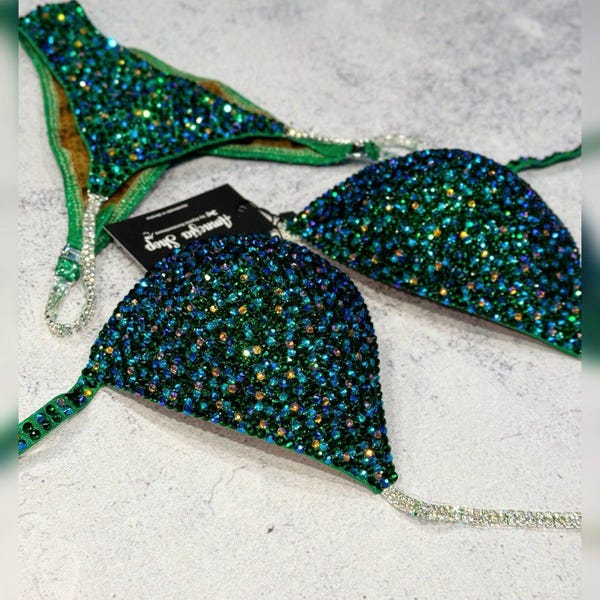 Competition Set - Rhinestone Fitness - NPC - IFBB - WBFF - Figure Competition Suit - Posing Suit - Sw Bodybuilding - Turquoise bikini