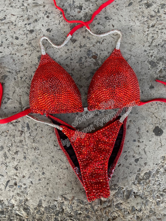 Red Competition Bikini Set - Rhinestone Fitness - NPC Bikini