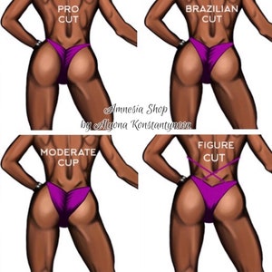 May include: Illustration of four different bikini bottom styles for women's figure competitions. The styles are labeled "Pro Cut", "Brazilian Cut", "Moderate Cup", and "Figure Cut".