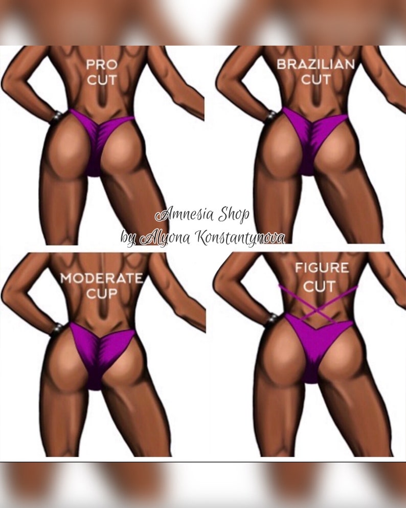 May include: Illustration of four different bikini bottom styles for women's figure competitions. The styles are labeled "Pro Cut", "Brazilian Cut", "Moderate Cup", and "Figure Cut".