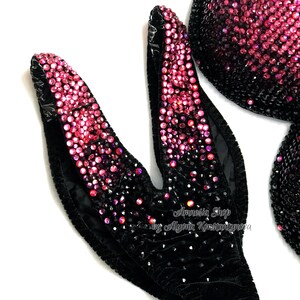 May include: Close-up of a black velvet fabric with a pink and black ombre rhinestone design. The fabric is part of a costume or garment. The text "Amnesia Shop by Alyona Konstantynova" is visible in the lower right corner.