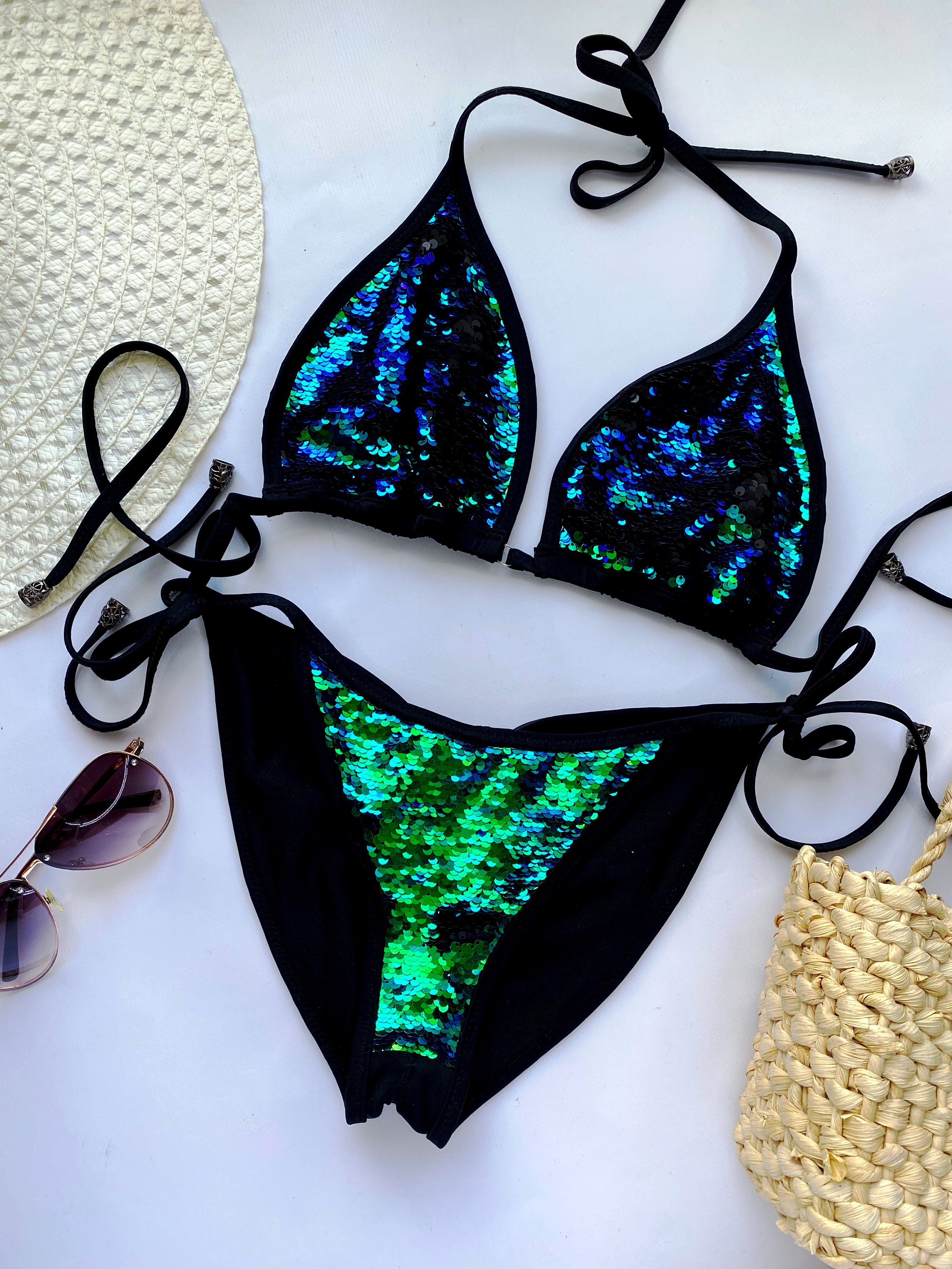 Swimsuit in Sequin Blue Green Sequin Swimsuit Summer 