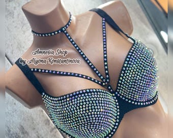 Sexy Bra, Rhinestones Bra, Black Bra, Rave Bra, Disco Bra, EDC, Luxury, Sexy Women Bra, Bustier Bra, Stripper Party Night Club, Custom Bra